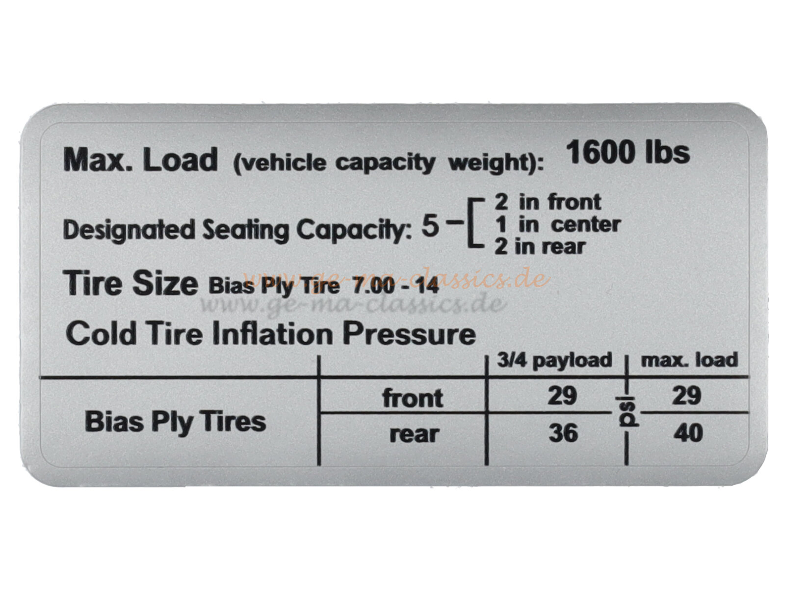 Aufkleber "Max.Load 1600 Ibs" für VW Bus T2