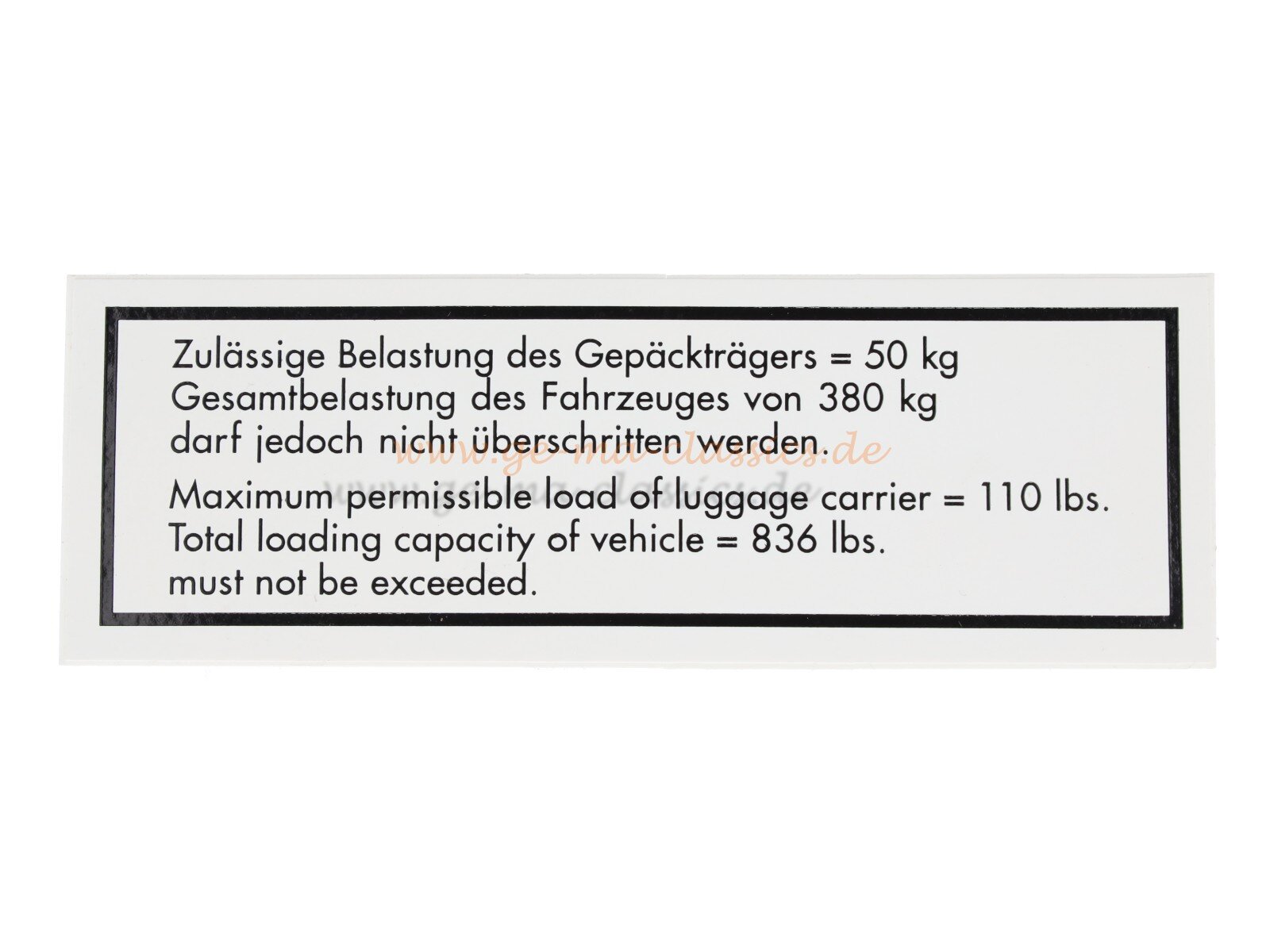 Aufkleber Gepäckträger Belastung für VW Käfer Karmann Bus & Co